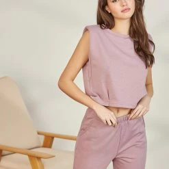 Best Pirce ✨ Noobass Αμάνικο Cropped φουτεράκι με βάτες - Μωβ ανοιχτό 🔔 -Φορέματα Εκπτώσεις amaniko cropped fouteraki me vates 88563 5plg