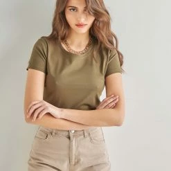 Φορέματα Εκπτώσεις 21 Κουπόνι ✔️ The Fashion Project Βαμβακερό κοντομάνικο T-shirt - Χακί 💯