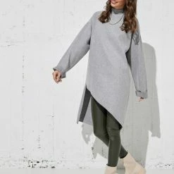 Εξοδος 💯 The Fashion Project Μπλούζα μακριά με ψηλό γιακά - Γκρι ⌛ -Φορέματα Εκπτώσεις forema asummetro me psili laimokopsi 99070 2zmx