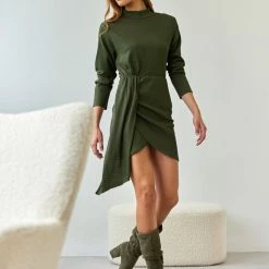 Πολύ καλή προσφορά 🌟 The Fashion Project Φόρεμα ασύμμετρο γκοφρέ - Χακί 🔔