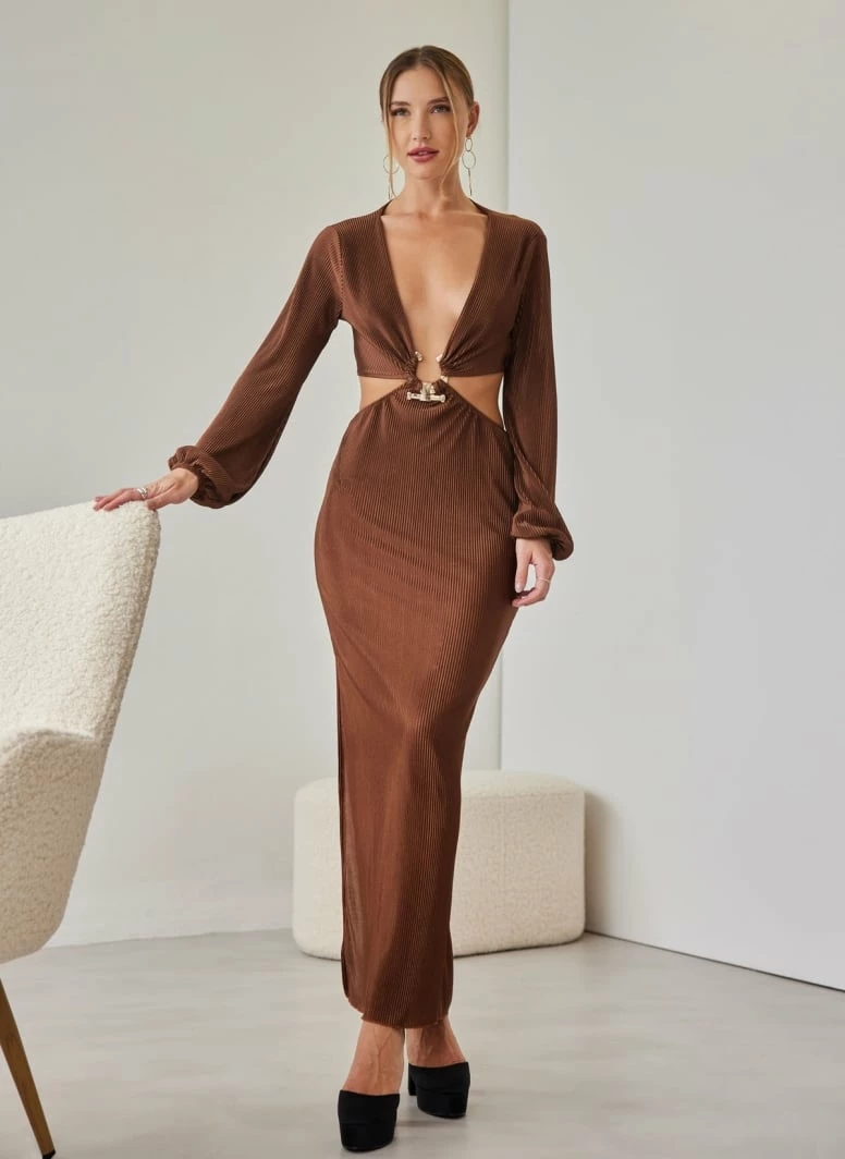 Εξοδος 😍 The Fashion Project Φόρεμα γκοφρέ με Cut Outs και μέταλλο - Καφέ 🤩 3 Εξοδος 😍 The Fashion Project Φόρεμα γκοφρέ με Cut Outs και μέταλλο - Καφέ 🤩 - Image 3