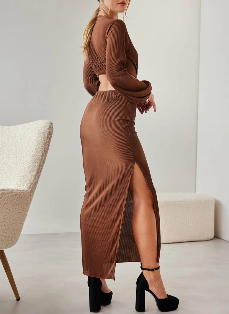 Εξοδος 😍 The Fashion Project Φόρεμα γκοφρέ με Cut Outs και μέταλλο - Καφέ 🤩 4 Εξοδος 😍 The Fashion Project Φόρεμα γκοφρέ με Cut Outs και μέταλλο - Καφέ 🤩 - Image 4