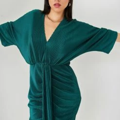 Φτηνός 🧨 The Fashion Project Φόρεμα γκοφρέ με σούρες - Κυπαρισσί 🤩