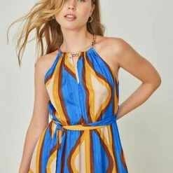 Νέος 🤩 The Fashion Project Εμπριμέ φόρεμα με αλυσίδα - Μπλε ✔️ -Φορέματα Εκπτώσεις forema halter me alusida 105100 loxs