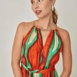 Νέος 😀 The Fashion Project Εμπριμέ φόρεμα με αλυσίδα - Κεραμιδί 🎁 -Φορέματα Εκπτώσεις forema halter me alusida 105102 y21y