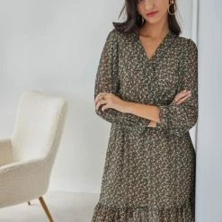 Κουπόνι 🔔 The Fashion Project Φλοράλ φόρεμα κρουαζέ - Χακί 🔔 -Φορέματα Εκπτώσεις forema krouaze me mikra louloudia 108429 bdw6