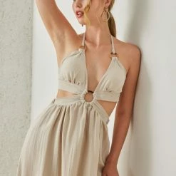 Φτηνός 🧨 The Fashion Project Φόρεμα λινό με Cut Outs και κρίκο - Μπεζ ⭐