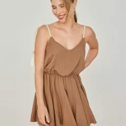 Το φθηνότερο ✨ The Fashion Project Φόρεμα λινό με σχοίνινα ραντάκια - Καφέ 🎉