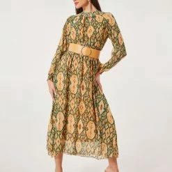 Το φθηνότερο 🔥 Noobass Εμπριμέ φόρεμα με ζώνη - Κάμελ 👍 -Φορέματα Εκπτώσεις forema makru me entono sxedio 101918 3k7z