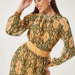 Το φθηνότερο 🔥 Noobass Εμπριμέ φόρεμα με ζώνη - Κάμελ 👍 -Φορέματα Εκπτώσεις forema makru me entono sxedio 101918 egvk