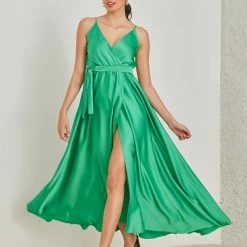 Το φθηνότερο 🧨 The Fashion Project Φόρεμα μακρύ σατέν με άνοιγμα - Πράσινο 👍