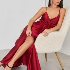 Εξοδος 🌟 The Fashion Project Φόρεμα μάξι σατέν με άνοιγμα - Μπορντό 🧨