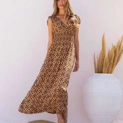 ΧΟΝΔΡΙΚΟ ΕΜΠΟΡΙΟ 🤩 The Fashion Project Εμπριμέ φόρεμα με σούρες - Μουσταρδί 😀 -Φορέματα Εκπτώσεις forema maxi emprime 103036 enco