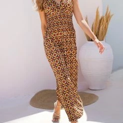 ΧΟΝΔΡΙΚΟ ΕΜΠΟΡΙΟ 🤩 The Fashion Project Εμπριμέ φόρεμα με σούρες - Μουσταρδί 😀 -Φορέματα Εκπτώσεις forema maxi emprime 103036 wl3d