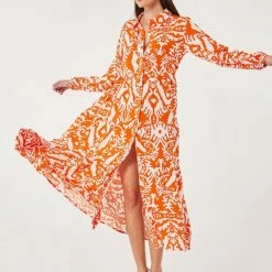 Καλύτερη πώληση 😍 Noobass Εμπριμέ φόρεμα με κουμπιά - Πορτοκαλί 😀