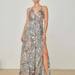 Flash Sale 🎁 Εμπριμέ φόρεμα με λαχούρια NAIBA 401.073E - Άμμου 🎁 -Φορέματα Εκπτώσεις forema maxi me laxouria naiba 401073e 105062 igpy