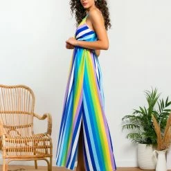 Προϋπολογισμός 🎁 The Fashion Project Φόρεμα Maxi με χρωματιστές ρίγες - Μπλε 😀 -Φορέματα Εκπτώσεις forema maxi me xrwmatistes riges 105210 kssg