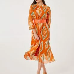 Προϋπολογισμός 🤩 Noobass Εμπριμέ φόρεμα με φαρδιά ζώνη - Πορτοκαλί 👏 -Φορέματα Εκπτώσεις forema me boho sxedio kai fardia zwni 101921 01mo