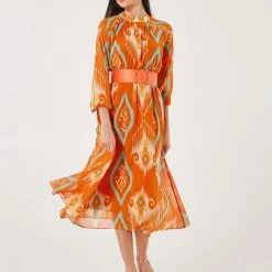 Προϋπολογισμός 🤩 Noobass Εμπριμέ φόρεμα με φαρδιά ζώνη - Πορτοκαλί 👏 -Φορέματα Εκπτώσεις forema me boho sxedio kai fardia zwni 101921 4k55