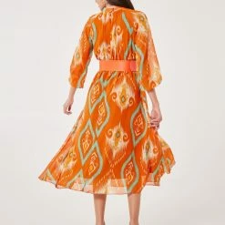 Προϋπολογισμός 🤩 Noobass Εμπριμέ φόρεμα με φαρδιά ζώνη - Πορτοκαλί 👏 -Φορέματα Εκπτώσεις forema me boho sxedio kai fardia zwni 101921 cjpt