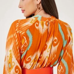 Προϋπολογισμός 🤩 Noobass Εμπριμέ φόρεμα με φαρδιά ζώνη - Πορτοκαλί 👏 -Φορέματα Εκπτώσεις forema me boho sxedio kai fardia zwni 101921 vj8p