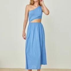 Αγορά 🥰 Noobass Φόρεμα με Cut Outs και έναν ώμο - Μπλε 🎉 -Φορέματα Εκπτώσεις forema me cut outs kai enan wmo 105082 affk