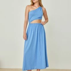 Αγορά 🥰 Noobass Φόρεμα με Cut Outs και έναν ώμο - Μπλε 🎉 -Φορέματα Εκπτώσεις forema me cut outs kai enan wmo 105082 fskd