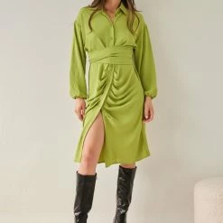 Flash Sale 🤩 The Fashion Project Φόρεμα με δέσιμο και σούρες - Lime ⭐ -Φορέματα Εκπτώσεις forema me desimo kai soures 107601 jw21