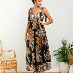 Φτηνός 🎉 The Fashion Project Εμπριμέ φόρεμα με φιογκάκια στους ώμους - Μαύρο 👏 -Φορέματα Εκπτώσεις forema me fiogko stous wmous 105341 js9h