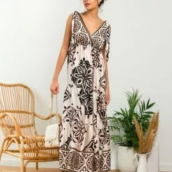 Φτηνός 🌟 The Fashion Project Εμπριμέ φόρεμα με φιογκάκια στους ώμους - Μπεζ 🌟 -Φορέματα Εκπτώσεις forema me fiogko stous wmous 105342 d70i