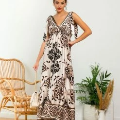 Φτηνός 🌟 The Fashion Project Εμπριμέ φόρεμα με φιογκάκια στους ώμους - Μπεζ 🌟