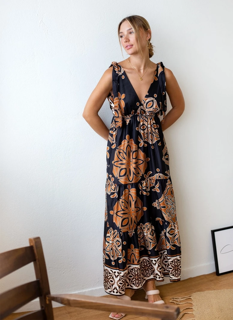 Φτηνός 😉 The Fashion Project Εμπριμέ φόρεμα με φιογκάκια στους ώμους - Μαύρο/Ταμπα 🛒 1 Φτηνός 😉 The Fashion Project Εμπριμέ φόρεμα με φιογκάκια στους ώμους - Μαύρο/Ταμπα 🛒