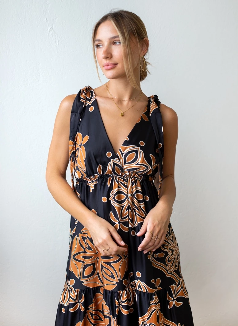 Φτηνός 😉 The Fashion Project Εμπριμέ φόρεμα με φιογκάκια στους ώμους - Μαύρο/Ταμπα 🛒 4 Φτηνός 😉 The Fashion Project Εμπριμέ φόρεμα με φιογκάκια στους ώμους - Μαύρο/Ταμπα 🛒 - Image 4