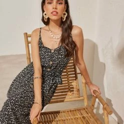 Προϋπολογισμός 🎉 The Fashion Project Φλοράλ φόρεμα με ξύλινα κουμπιά - Μαύρο 👏