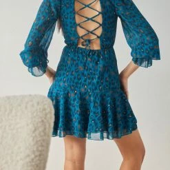 Καλύτερη πώληση ⭐ The Fashion Project Εμπριμέ φόρεμα με ανοιχτή πλάτη - Petrol 💯 -Φορέματα Εκπτώσεις forema me print kai anoixti plati 108371 53jr