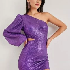 Εξοδος 🤩 The Fashion Project Φόρεμα μίνι με παγιέτες και ένα μανίκι - Μωβ 😀 -Φορέματα Εκπτώσεις forema mini me pagietes kai ena maniki 109233 r05l