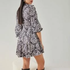 Προώθηση 😀 The Fashion Project Εμπριμέ φόρεμα με σούρες στα μανίκια - Μαύρο 💯 -Φορέματα Εκπτώσεις forema mini me retro pattern 107900 397n