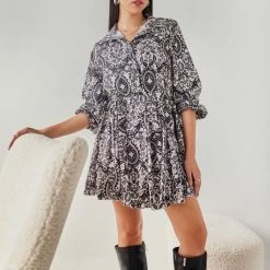 Προώθηση 😀 The Fashion Project Εμπριμέ φόρεμα με σούρες στα μανίκια - Μαύρο 💯 -Φορέματα Εκπτώσεις forema mini me retro pattern 107900 7l66