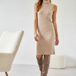 Προώθηση ❤️ The Fashion Project Φόρεμα μίντι με ριπ ύφανση NAIBA 402.237 - Κάμελ 🎉