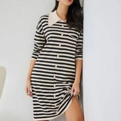 Συμφωνίες 🛒 The Fashion Project Πλεκτό φόρεμα ριγέ με γιακά - Μαύρο/Μπεζ 👍 -Φορέματα Εκπτώσεις forema plekto rige me giaka 107474 34j9