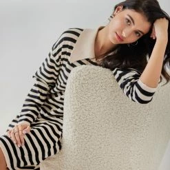 Συμφωνίες 🛒 The Fashion Project Πλεκτό φόρεμα ριγέ με γιακά - Μαύρο/Μπεζ 👍 -Φορέματα Εκπτώσεις forema plekto rige me giaka 107474 mwol