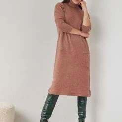 Νέος 😀 The Fashion Project Πλεκτό φόρεμα ζιβάγκο με τσέπες - Ροδακινί 👏