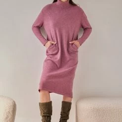 ΧΟΝΔΡΙΚΟ ΕΜΠΟΡΙΟ 🤩 The Fashion Project Πλεκτό φόρεμα ζιβάγκο με τσέπες - Plum 👏