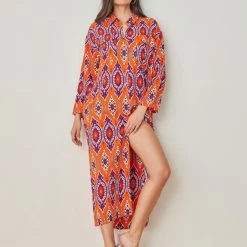 Η καλύτερη συμφωνία 🎁 Noobass Εμπριμέ φόρεμα Boho με κουμπιά - Πορτοκαλί ✔️