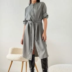 Flash Sale 😉 Φόρεμα πουκάμισο με ζώνη NAIBA 502.030 - Λαδί ⭐