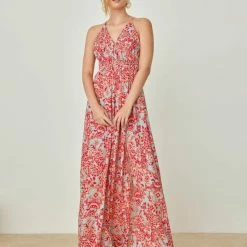 Φτηνός ⭐ Εμπριμέ φόρεμα με άνοιγμα NAIBA 401.073E - Κόκκινο ⭐ -Φορέματα Εκπτώσεις forema saten me anoigma sto plai naiba 401073e 105047 4n46