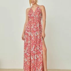 Φτηνός ⭐ Εμπριμέ φόρεμα με άνοιγμα NAIBA 401.073E - Κόκκινο ⭐