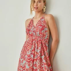 Φτηνός ⭐ Εμπριμέ φόρεμα με άνοιγμα NAIBA 401.073E - Κόκκινο ⭐ -Φορέματα Εκπτώσεις forema saten me anoigma sto plai naiba 401073e 105047 o88t