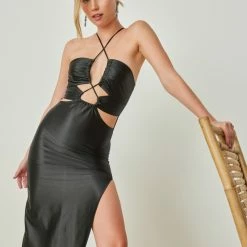 Εκπτωση 👏 The Fashion Project Φόρεμα σατέν με Cut Outs και κορδόνια - Μαύρο ✨