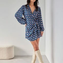 Προώθηση ✔️ The Fashion Project Εμπριμέ φόρεμα με δέσιμο - Petrol 👍 -Φορέματα Εκπτώσεις forema saten me gewmetrika sxedia 108569 pek6